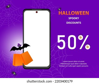 Halloween Gift promotion Coupon banner or party invitation with flying bat holding two orange gift shopping bags on purple background with text and spiders