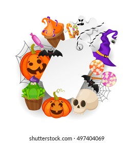Halloween Gift Tag with web,bats, candy,hat, pumpkins and ghost on white background. Price tag for holiday sale. Retro cartoon style vector illustration