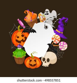 Halloween Gift Tag with web,bats, candy,hat, pumpkins and ghost on white background. Price tag for holiday sale. Retro cartoon style vector illustration