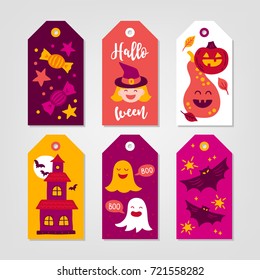 Halloween gift tags with candy, witch, pumpkin, castle, ghost, bat, star, leaves  in White, Red, Yellow, Orange and Violet. Perfect for holiday greetings
