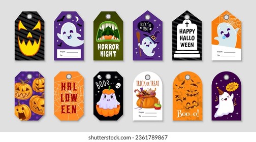 Etiquetas de regalo, tarjetas y etiquetas de Halloween, monstruos vectoriales de las fiestas de horror. Calabazas de dibujos animados, fantasmas, truco o tratamiento de los caramelos de la fiesta y de los personajes de boca de vampiros, murciélagos, cráneos, sombrero de bruja y escoba