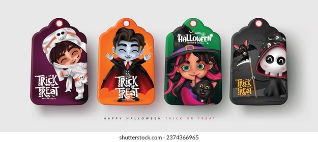 Etiquetas de regalo de Halloween caracteres diseño de conjunto vectorial. Trick o traza el texto en la etiqueta de regalo con la mami de halloween, vampiro, bruja y papel pardo colección de cartas. Carácter de ilustración de vector 