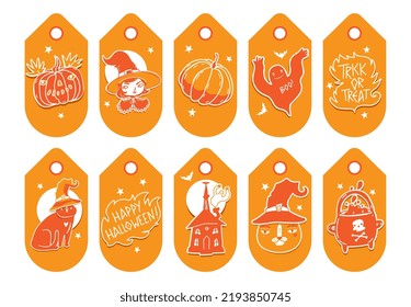 Halloween Gift Tags With Cute Characters And Illustrations. Vector Collection Of Gift Tags With Halloween Elements In Funny Cartoon Style. Bright Festive Halloween Label Template Set In Orange Color