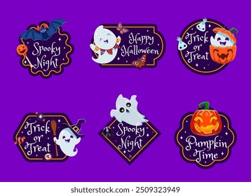 Las etiquetas de regalo de Halloween presentan diseños espeluznantes como calabazas divertidas, fantasmas juguetones kawaii y murciélagos. Vector conjunto de insignias con personajes de dibujos animados añadir un toque festivo a los regalos, y añadir encanto a los regalos