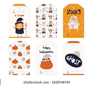 Halloween gift tags with hand drawn lettering and Halloween characters and elements for holiday presents. Funny pumpkins, witch, ghost, skulls, bone. Vector illustration.