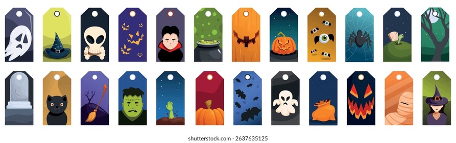 Halloween gift tags icons set. Halloween gift tags featuring spooky characters and symbols, adding a festive touch to halloween gifts and treats