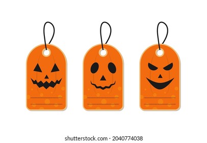 Halloween gift tags with pumpkins faces. Vector flat illustration.