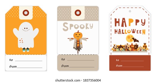 Halloween Gift Tags Set with Halloween Characters and Symbols – Ghost, Jack-o-lantern, Autumn City. Vector Illustration.