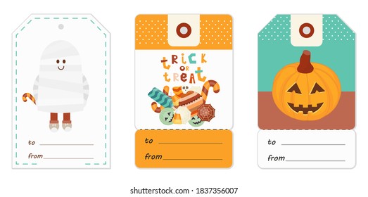 Halloween Gift Tags Set mit Halloween Zeichen und Symbole - Mama, Süßes, Kürbis. Vektorgrafik.