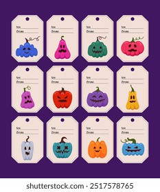 Halloween gift tags template. Vector label tags with colorful Halloween pumpkins for printing