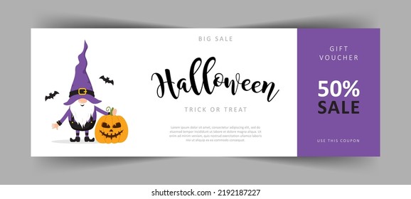 Halloween gift voucher. Commercial discount coupon with cute scandinavian gnome. Spooky night discount. Vector illustration in cartoon style.