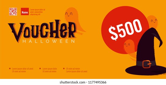 Halloween gift voucher template with ghosts and witch hat. Vector illustration