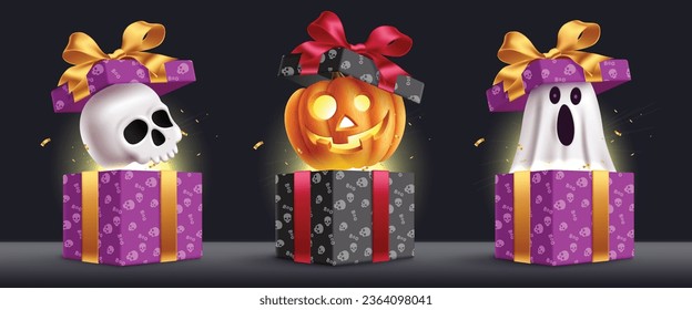 Halloween gifts set vector design. Halloween gift boxes with skull, pumpkin and ghost characters for holiday season surprise elements collection. Vector illustration halloween gifts collection.
