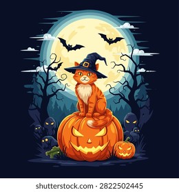 Halloween Ginger Cat in Witch Hat Sitting on Jack o Lantern under Full Moon Illustration