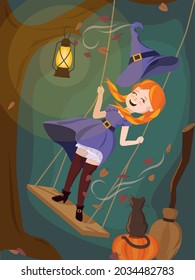 Halloween ginger witch laughing on the swing