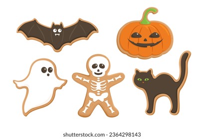 Juego de galletas de pan de jengibre de Halloween. Calabaza sonriente, murciélago, gato, fantasma y esqueleto. Pasteles de Halloween. Ilustración plana de dibujos animados.