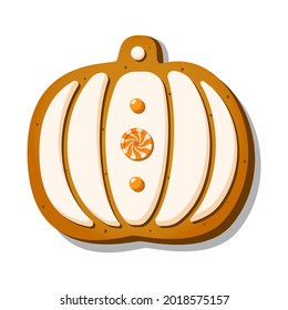 Halloween gingerbread cookies in the shape of cute pumpkin with icing an candy isolated on white background. Festive homemade sweets. Vector illustration