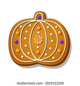 Halloween gingerbread cookies in the shape of cute pumpkin with icing isolated on white background. Traditional Festive homemade sweets. Vector illustration