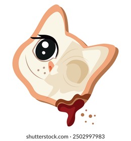 Galletas de jengibre de Halloween con glaseado de azúcar y un diseño de gato con la mitad de la cabeza hecha en un esqueleto con jarabe rojo en el medio, Vector