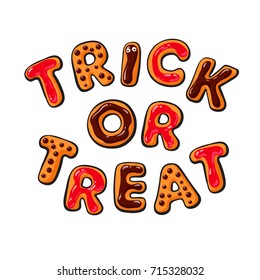 Halloween gingerbread cookies.Colorful letters Trick or Treat. Cartoon hand drawn vector illustration isolated on white background.