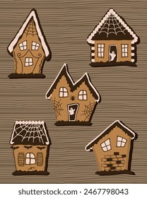 Halloween Gingerbread Houses Set. Festiva galletas de halloween sobre fondo de madera. Ilustración vectorial