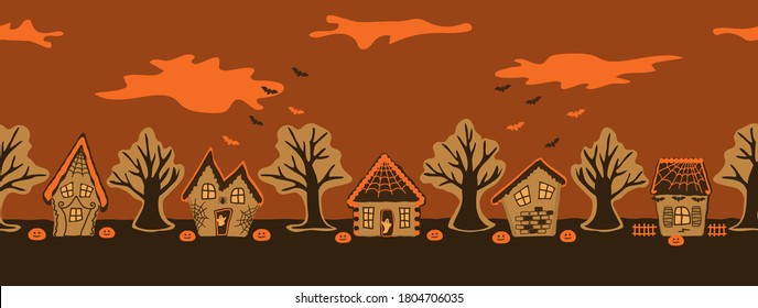 Halloween gingerbread houses. Spooky village. Seamless border. Silhouettes of houses and trees on an orange background. There are also bats, ghost and pumpkins in the picture. Vector illustration