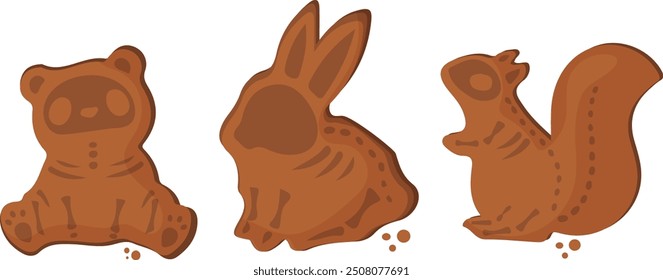 Juego de pan de jengibre de Halloween con diseño de esqueleto de liebre, oso y ardilla y migas redondas, Vector