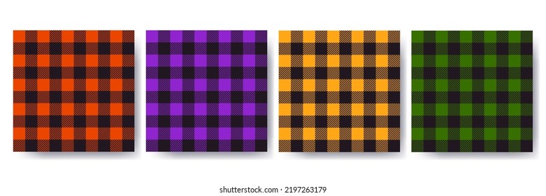 Halloween gingham seamless pattern set in traditional colors. Vichy plaid design for autumn holiday textile decorative. Checked pattern for fabric - tablecloth, shirt, picnic blanket, napkin. Vector