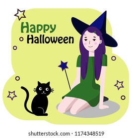 Halloween girl with black cat.