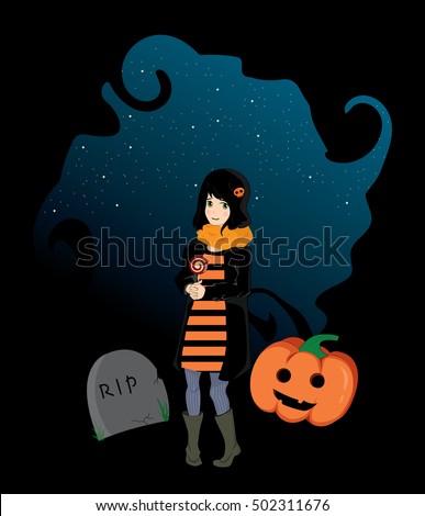 Halloween girl with candy and pumpkin vector illustration 