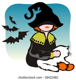 Halloween girl with cat and flying bats on a blue background.