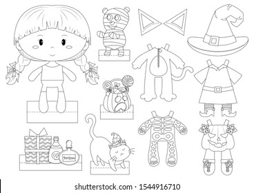 Halloween girl dress up paper toy vector cartoon. Halloween paper toy cute girl dress up halloween costumes for trick or treat play. 