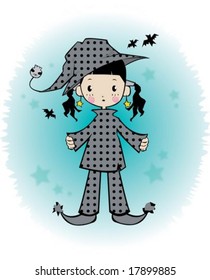 Halloween Girl - enjoying Halloween with little young friend and scary ghosts on white and bright blue background : vector illustration