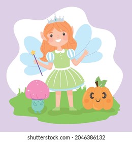 halloween girl in fairy costume and pumpkin