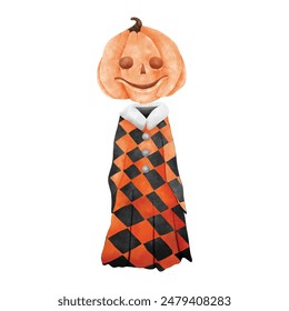 Halloween girl ghost pumpkin head. Water color hand drawing vector