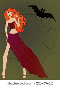 Halloween girl with green cat eyes and bright fiery red hair against the background of a large cobweb along with a flying bat, hand drawing vector illustration