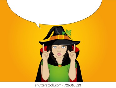Halloween. Girl in hat and witch costume Gesture of hands up on a thinking bubble. Wow. Vector. Free space for your advertising. Pop Art. Discount and sale.