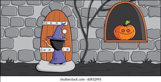 Halloween. girl knocks on the door. wants to ask "Trick Or Treat?". out the window looking at her pumpkin.