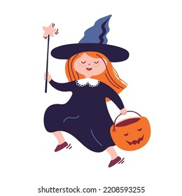Halloween girl. 
Little witch.  Vector character illustration