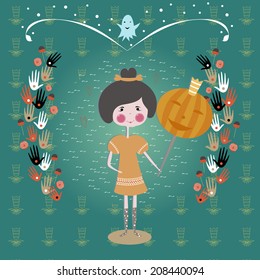 Halloween girl with  mask pumpkin