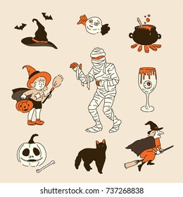 Halloween Girl and Objects line drawing cartoon vector illustration flat design