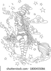 Halloween with a Girl on a broomstick, elixir, stars, clouds coloring page. Vector illustration for art therapy, coloring, for greeting cards, posters, stickers, design,wallpaper, tatoo.