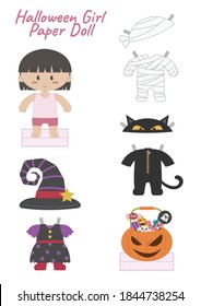 Halloween Girl Paper Doll Toy For Print And Cut Out. Girl Paper Doll Toy With Trick Or Treat Halloween Fancy Costumes.