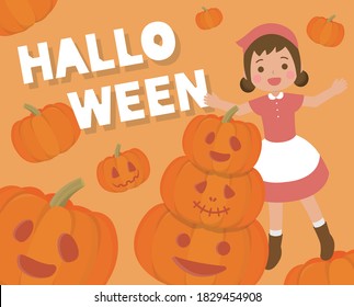 Halloween girl with pumpkin poster, card graphic design, cartoon comic vector illustration