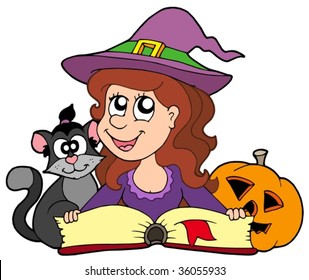 Halloween girl reading book - vector illustration.