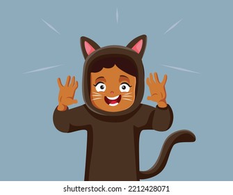 Halloween Girl Wearing a Cat Costume Vector Cartoon Illustration. Funny child wearing a disguise outfit for a carnival costume party
