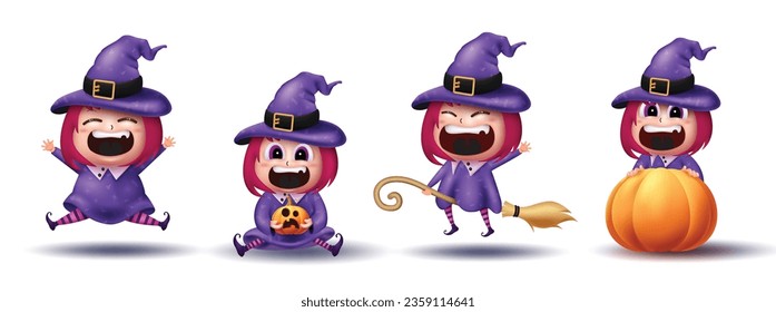 Halloween girl witch characters set vector design. Halloween witch little cute sorcerer wearing costume with flying broom elements isolated in white background. Vector illustration witch cute girl 