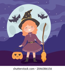 halloween girl witch costume with broom and pumpkin