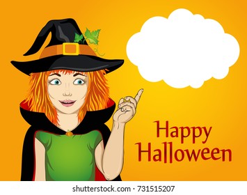Halloween Girl in witch costume and hat is surprised. Shows his finger in the direction of a thinking bubble. wow. Vector. Greeting card or invitation for holiday or party. Pop art.
