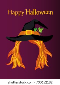 Halloween. A girl in a witch hat with hair without a face. Vector. Greeting card or invitation to a party or party.